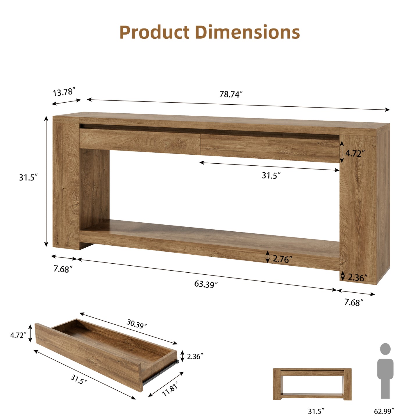 Extra Long Console Table 78 Inch, Sofa Table with Drawers and Shelf | 2 Storage Drawers | Open Shelf | Oak Brown | Farmhouse Sofa Table | Modern Entryway Table | Living Room, Entryway, Hallway