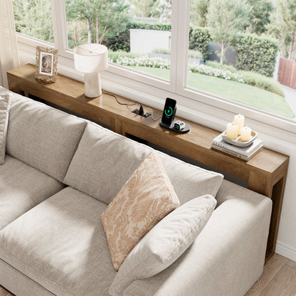 94.5'' Extra Long Console Table, Narrow Sofa Behind Couch Table with Outlet Skinny Entryway Table with USB Charging, Farmhouse Wood Foyer Table for Hallway, Living Room, Natural Oak