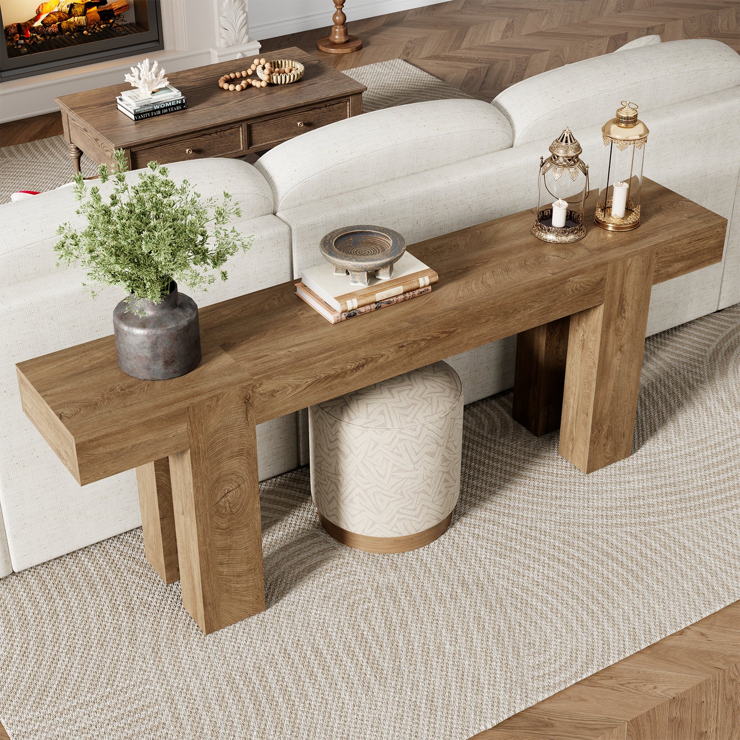 86.77-Inch Extra Long Console Table, Wood Entryway Table, Large Farmhouse Sofa Table Behind Couch for Living Room Hallway, Walnut Style