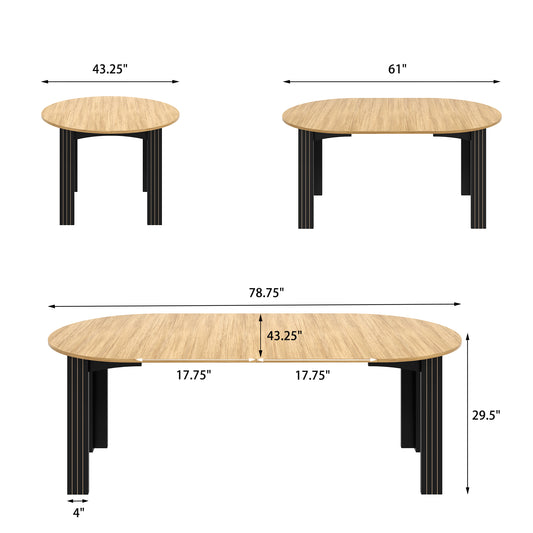 43-Inch Extendable Round Dining Table for 6-8 People, Light Oak Wooden Kitchen Table with Leaf 43"-78", Expandable Oval Dining Table with Black Legs for Dining Room, Apartment