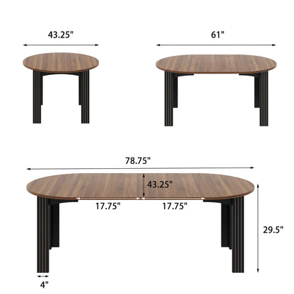Extendable Dining Table for 4-8 People, 43”-78” Wooden Expandable Round Kitchen Table with 2 Leafs, Space Saving Farmhouse Oval Dining Room Tables for Living Room Apartment, Walnut&Black