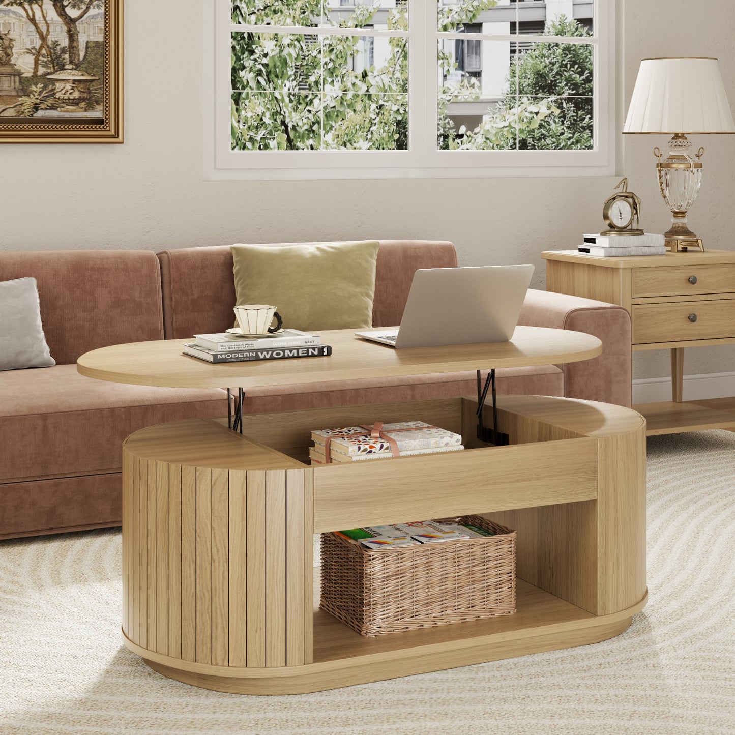Oval Lift Coffee Table, 43 Inch Lift Top Coffee Table with Storage for Living Room, 2-Tier Rustic Lift Up Tabletop Mid Century Center Tables with Hidden Compartment for Apartment, Light Oak Brown
