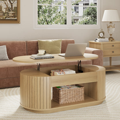 Oval Lift Coffee Table, 43 Inch Lift Top Coffee Table with Storage for Living Room, 2-Tier Rustic Lift Up Tabletop Mid Century Center Tables with Hidden Compartment for Apartment, Light Oak Brown