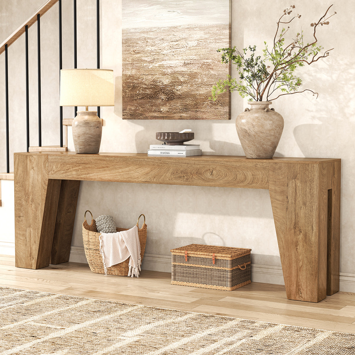 86-inch Extra Long Console Table, Couch Tables Behind Sofa Farmhouse Wood Entryway Table with Storage, Modern Console Tables for Living Room, Hallway, Entrance, Natural Oak Brown