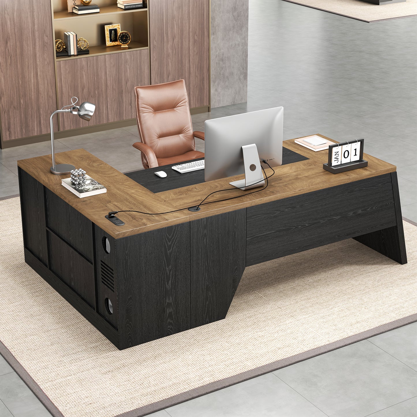 Epecoya L-Shaped Executive Desk with Drawer, Large Modern Home Office Desk with Cord Hold and Power Outlet, Big Wooden Business Furniture with Lateral File Cabinet for CEO Boss, Oak Black