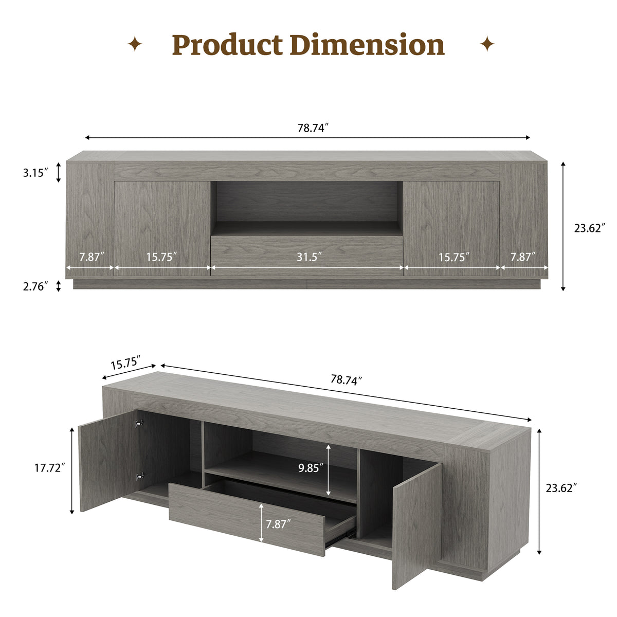 Grey TV Stands with Storage Cabinets, Wooden Media Console 78.7-Inch Long Entertainment Center, Farmhouse TV Consoles for Living Room, Apartment, Grey