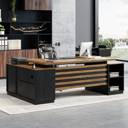 Extra Large L-Shaped Executive Desk with Drawers, Oak Brown Black 78-Inch Modern Home Office Desks with Storage Cabinets, Wooden Computer Workstation Desk for Studio