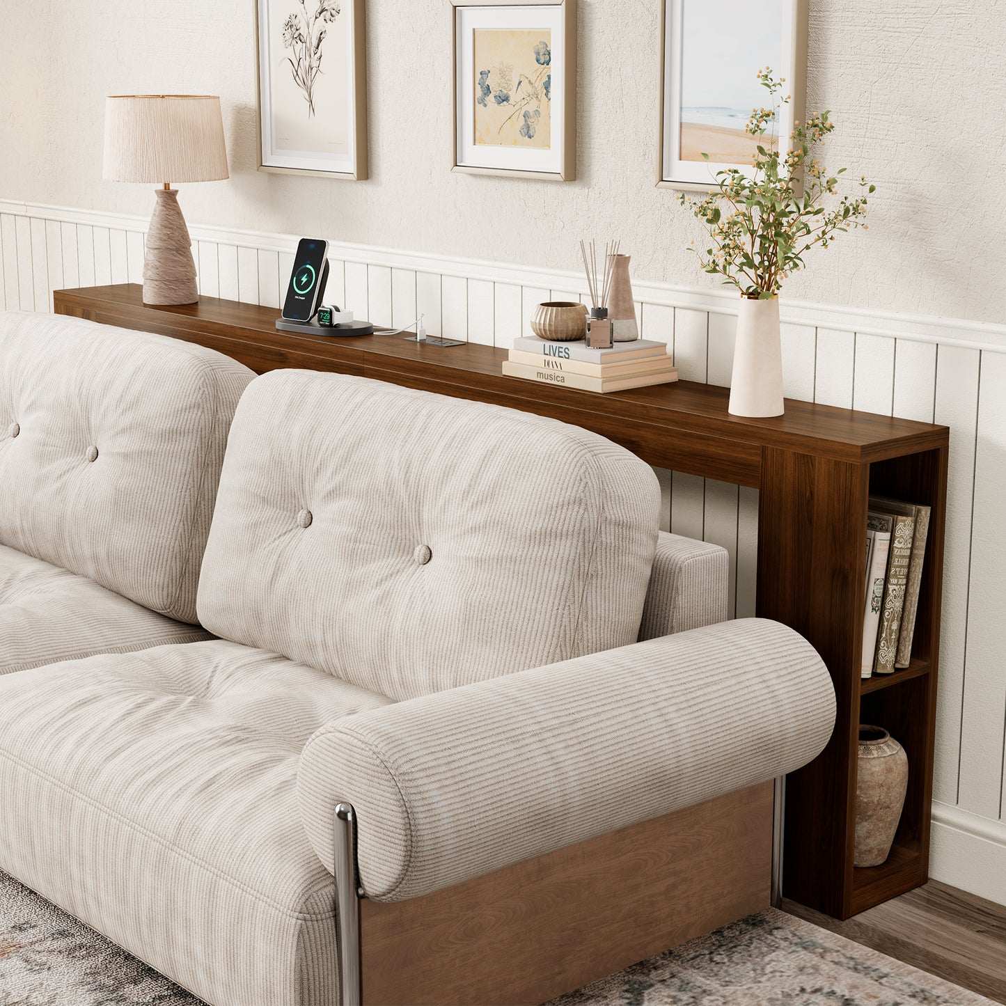 94.5" Narrow Console Table with USB Charging & Side Shelves, Walnut | Extra Long Thin Table for Behind Sofa Couch,Entryway, Hallway,94.5"W x 12"D x 31.5"H, Walnut Wood, USB Ports Charging