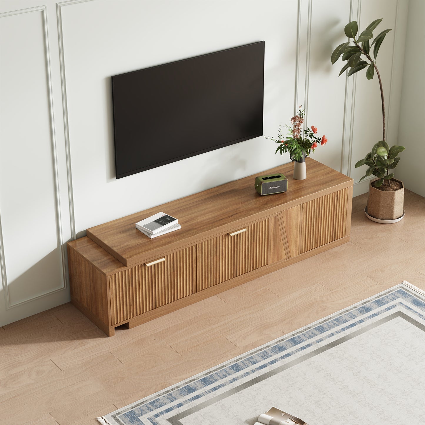 Extendable TV Stand with Storage Cabinet for Living Room, 98.5-Inch Extra Long TVs Media Console Wood Fluted Television Stands with Adjustable Shelf and Drawers for Bedroom, Rustic Brown (63"W-98.5"W)