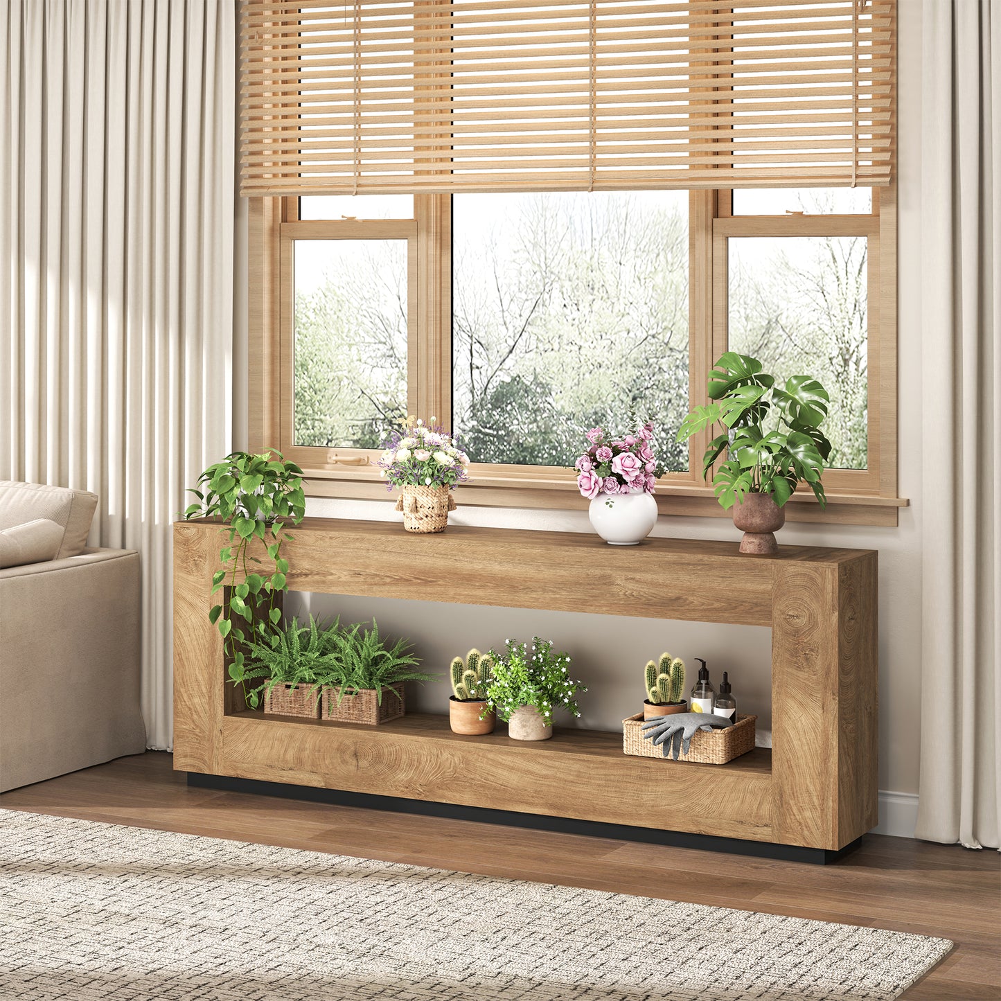 78 Inch Extra Long Console Table for Entryway, 2-Tier Wood Sofa Table Behind Couch with Storage Shelf, Farmhouse Entrance Table with Thickened Base for Living Room, Foyer, Hallway, Oak Brown