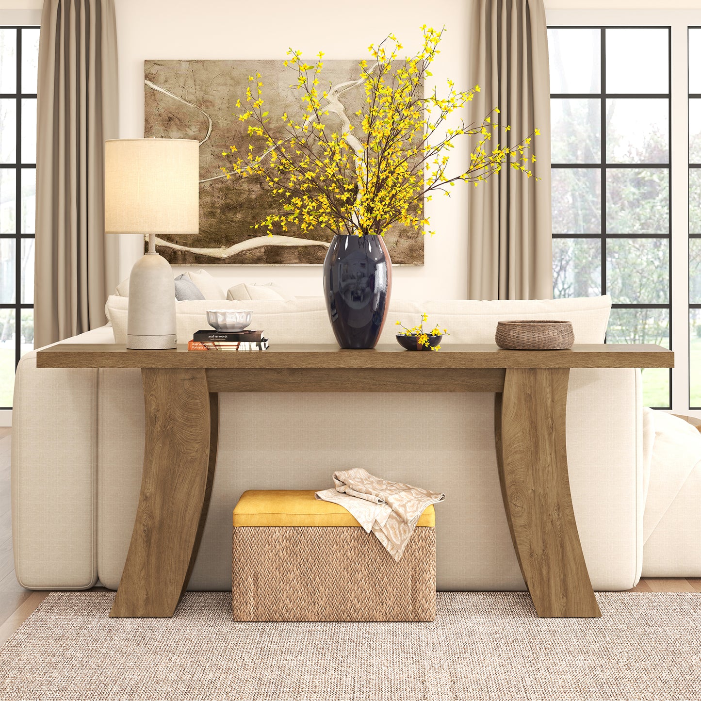 70.9-Inch Wood Console Table for Entryway Living Room, Extra Long Rectangular Natural Sofa Tables with Farmhouse Wooden Curved Base for Home Hallway Couch Foyer Entrance, Light Brown Oak