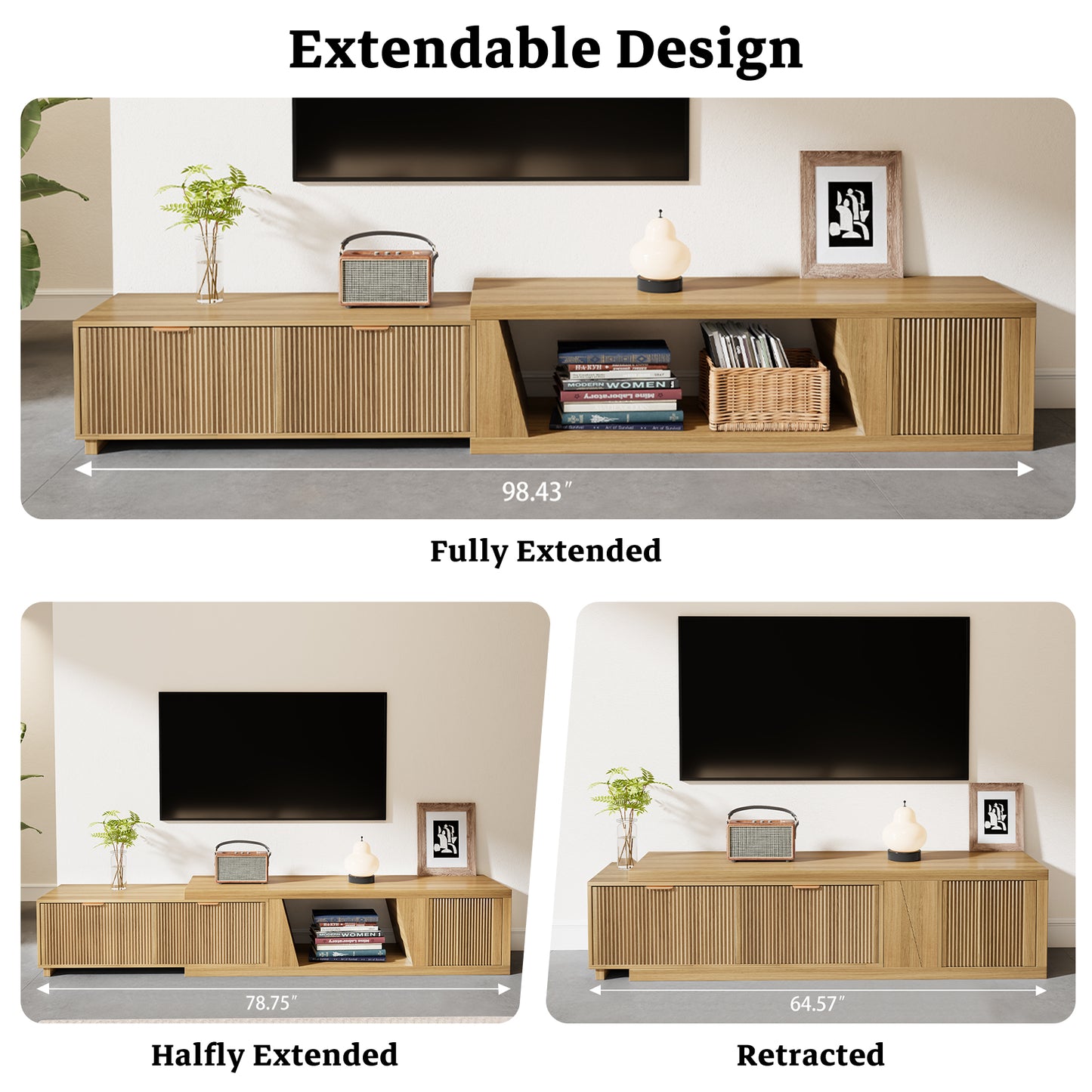 Extendable TV Console Large 64.57-98.43 Inch, Extra Long TV Stands for Living Room Flutted, Modern Oak TV Stand with 2 Drawers & Open Shelf, Light Oak