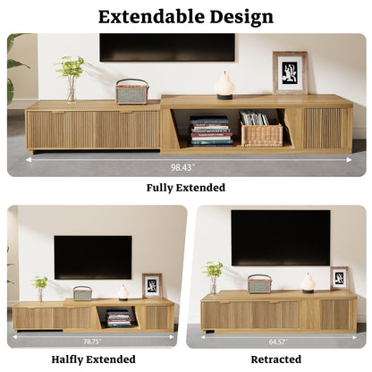 Extendable TV Console Large 64.57-98.43 Inch, Extra Long TV Stands for Living Room Flutted, Modern Oak TV Stand with 2 Drawers & Open Shelf, Light Oak