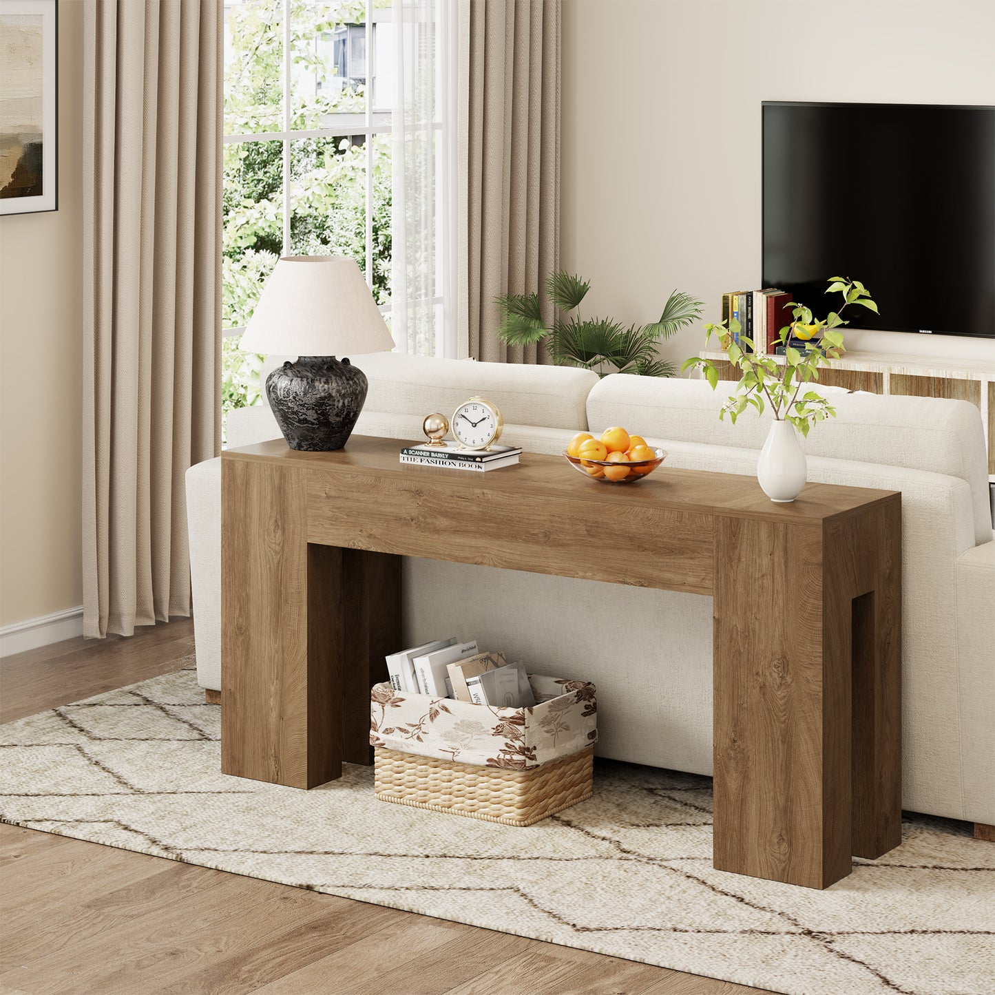 Epecoya Long Sofa Console Table for Entryway Living Room, 63-Inch Farmhouse Wood Behind Couch Table, Rectangular Accent Console with Wooden Double Base for Hallway Foyer Entrance, Natural Oak