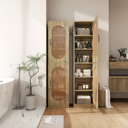 66-Inch Bathroom Storage Cabinet with 2 Rattan Doors for Toilet, Tall Narrow Bath Room Cabinets, Slim Wooden Floor Storage Cabinets with Adjustable Shelves and 4 Hooks for Restroom, Brown