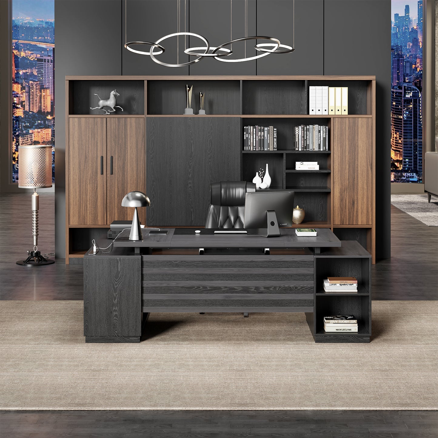Epecoya L Shaped Desk with Drawers for Home, 78-Inch Executive Office Desk with Power Outlet, Large Home Office Desks with Open Shelf and Storage Cabinet for Home, Grey Black