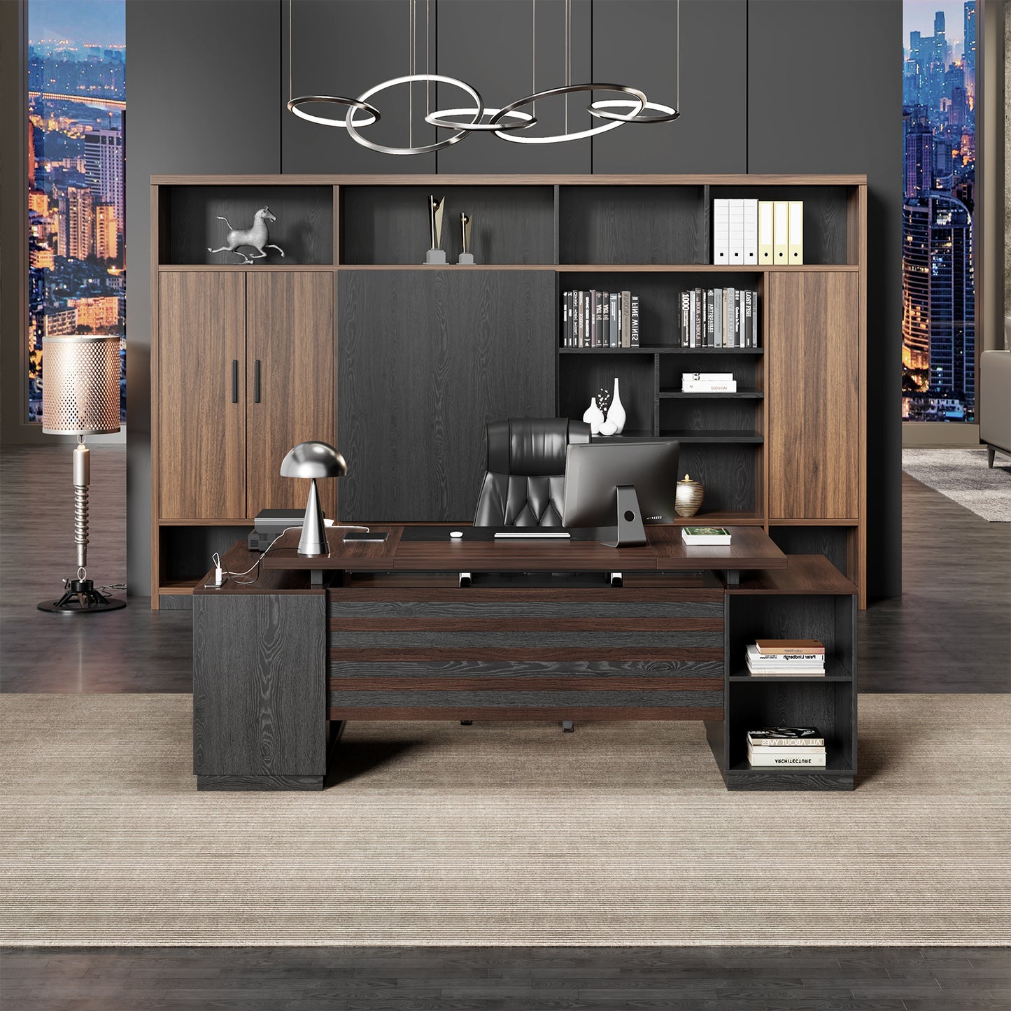 Epecoya L Shape Executive Desk with Drawers and Storage Cabinet, Wooden Executive Office Desk for Home, Large Computer Table with Lateral File Cabinet for Studio, Dark Brown Black