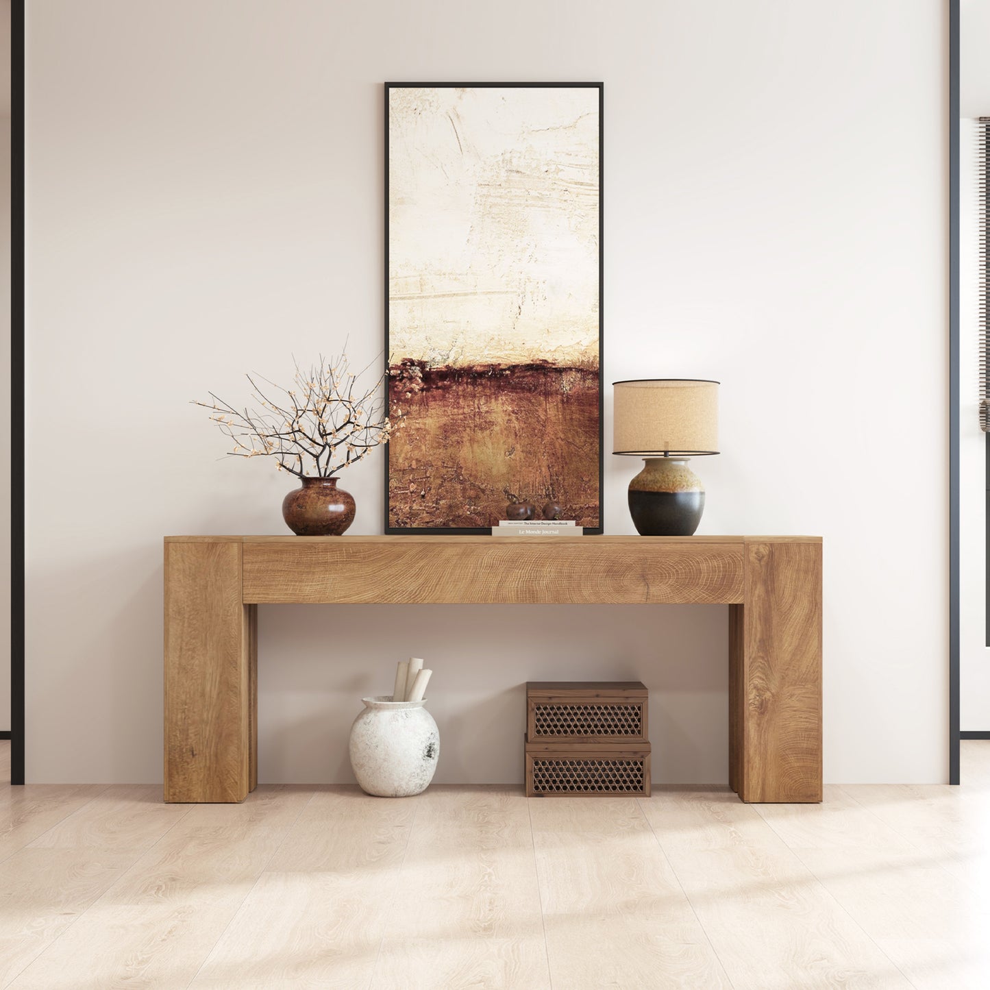 Extra Long Sofa Console Table for Entryway Living Room, 80-Inch Farmhouse Wood Behind Couch Table, Rectangular Accent Console with Wooden Double Base for Hallway Foyer Entrance, Natural Oak Brown