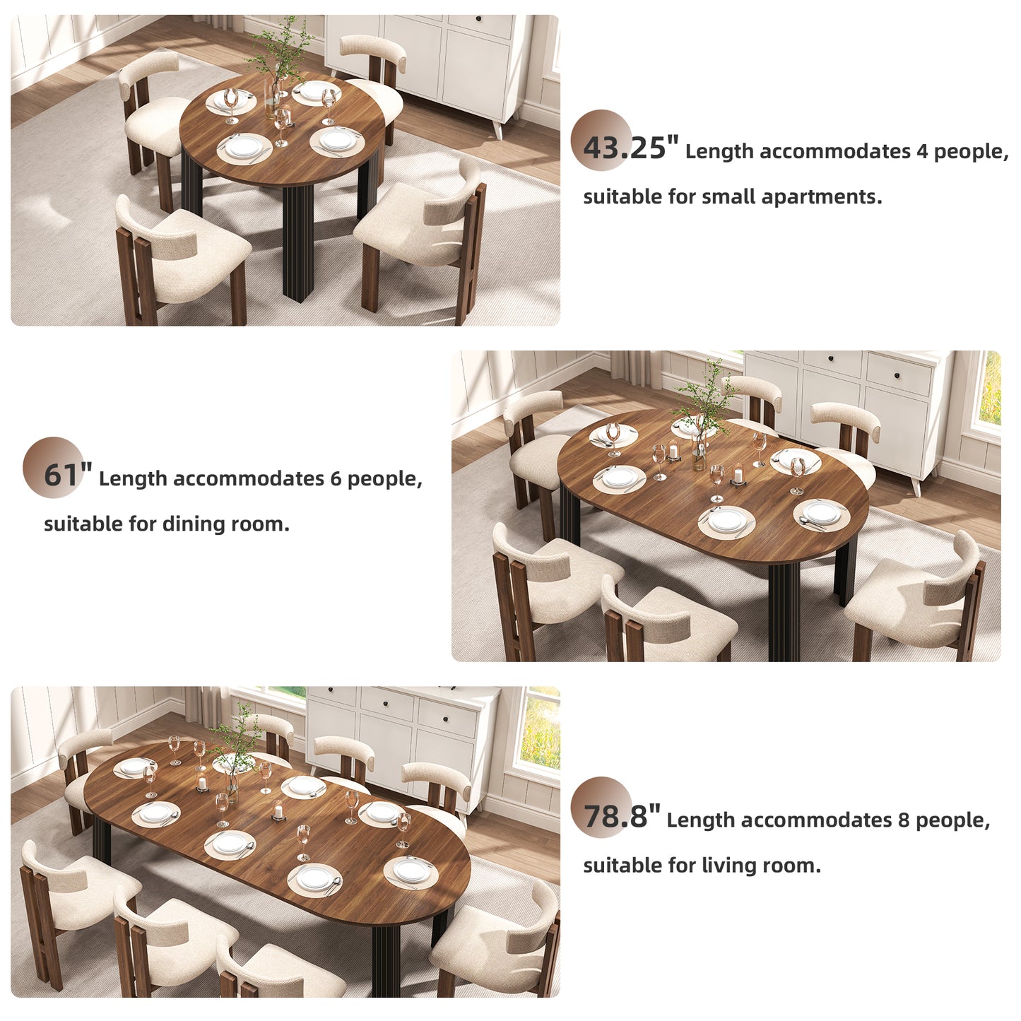 Extendable Dining Table for 4-8 People, 43”-78” Wooden Expandable Round Kitchen Table with 2 Leafs, Space Saving Farmhouse Oval Dining Room Tables for Living Room Apartment, Walnut&Black