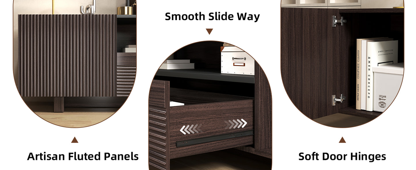 Epecoya TV Stand with Storage Cabinets for Living Room, Modern Wood Fluted TVs Media Console for 55/60/65 Inch TVs, Mid Century Television Stands with Drawer and Open Shelve for Bedroom, Dark Walnut