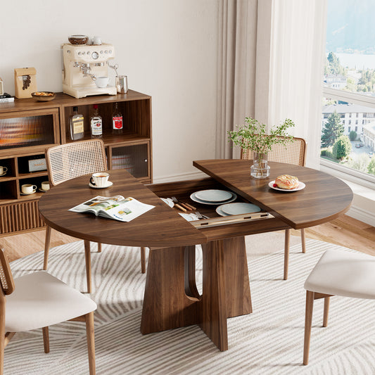 59-Inch Extendable Round Dining Table for Dining Room, 4-6 People Farmhouse Oval Wood Expandable Kitchen Dinner Table with Heavy Cross Pedestal for Living Room, Apartment, Dark Brown Walnut