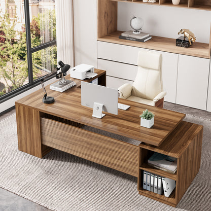 78 Inch L-Shaped Executive Desk with Drawer, Large Home Office Desk with File Cabinet, Modern Fluted Computer Table with Storage Open Shelves, Wood Business Furniture for Boss, Oak Brown