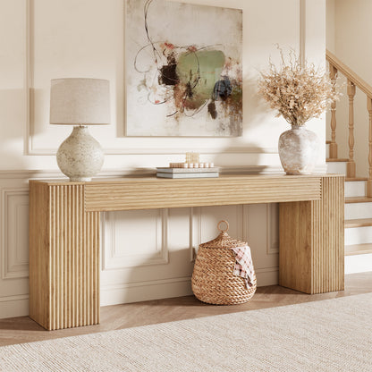 Extra Long Console Table 82 Inch, Wooden Sofa Table, Entryway Table | Wavy Textured Design | Light Oak Brown | Farmhouse Natural Wood Finish | Behind Couch | Living Room, Entrance, Hallway