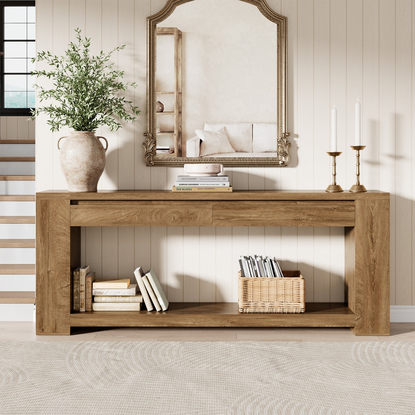 Extra Long Console Table 78 Inch, Sofa Table with Drawers and Shelf | 2 Storage Drawers | Open Shelf | Oak Brown | Farmhouse Sofa Table | Modern Entryway Table | Living Room, Entryway, Hallway