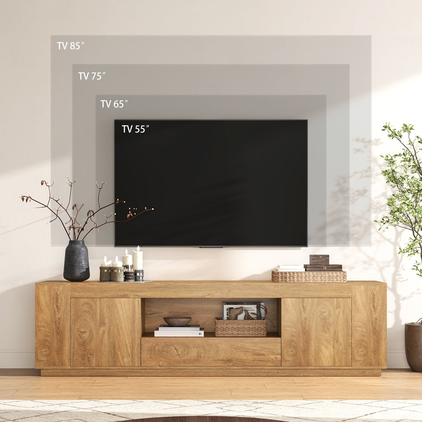 Oak TV Stands for Living Room 78.7-Inch, Wooden Entertainment Center with 2 Cabinets & Drawer, Farmhouse TV Console with Storage for TVs Up to 80", Natural Oak Brown
