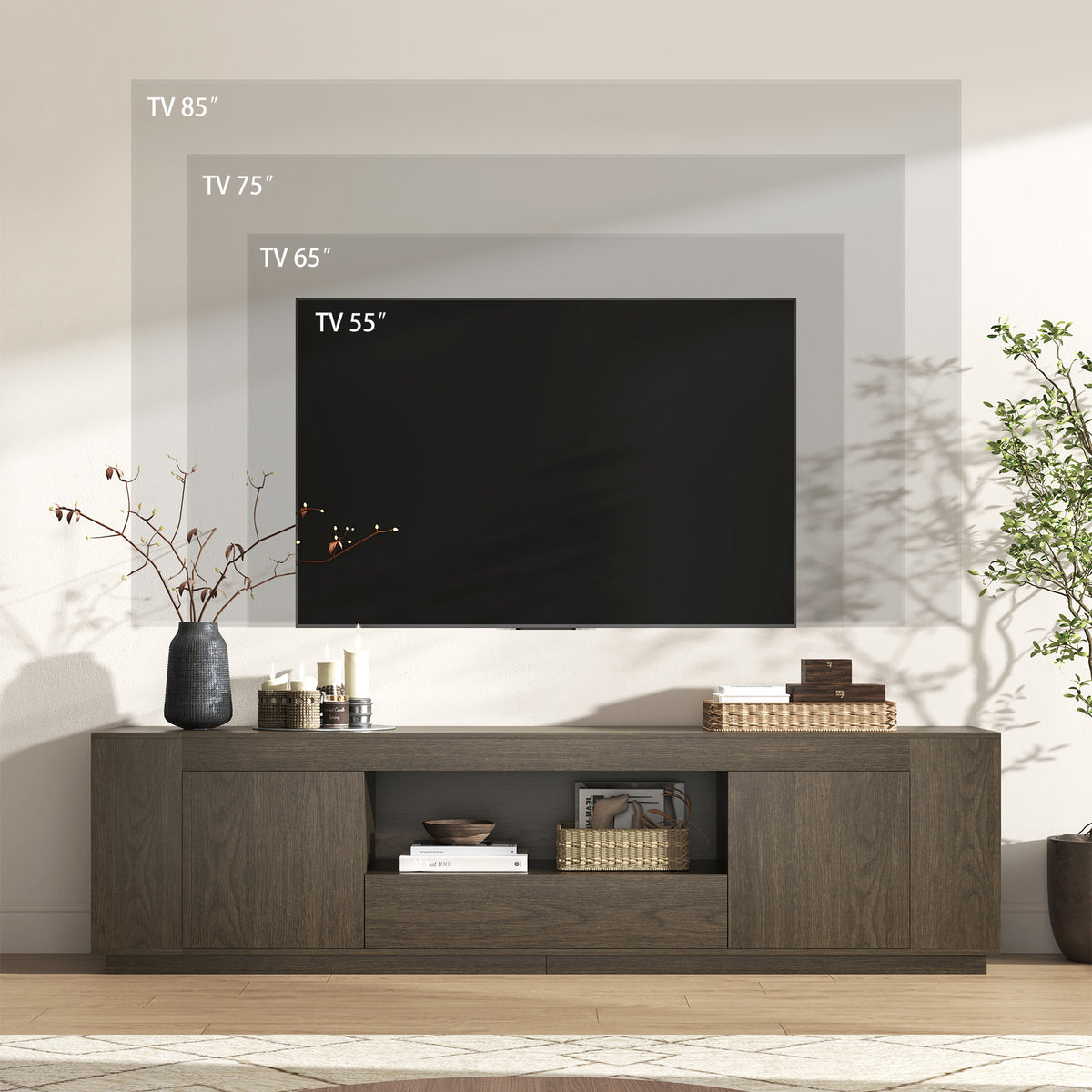 Wood TV Stands for Living Room 78-Inch, Walnut Brown Mid Century Entertainment Center with Storage, Large Television Stand for TVs Up to 85 Inch