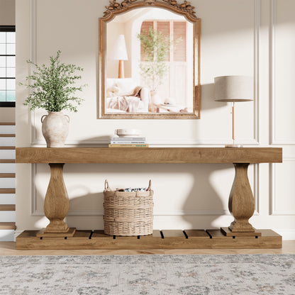 70 Inch Wood Console Table for Entryway, Extra Long Sofa Table Behind Couch, Rustic Farmhouse Entry Style with Bottom Shelf and Vintage Curved Legs for Living Room, Hallway