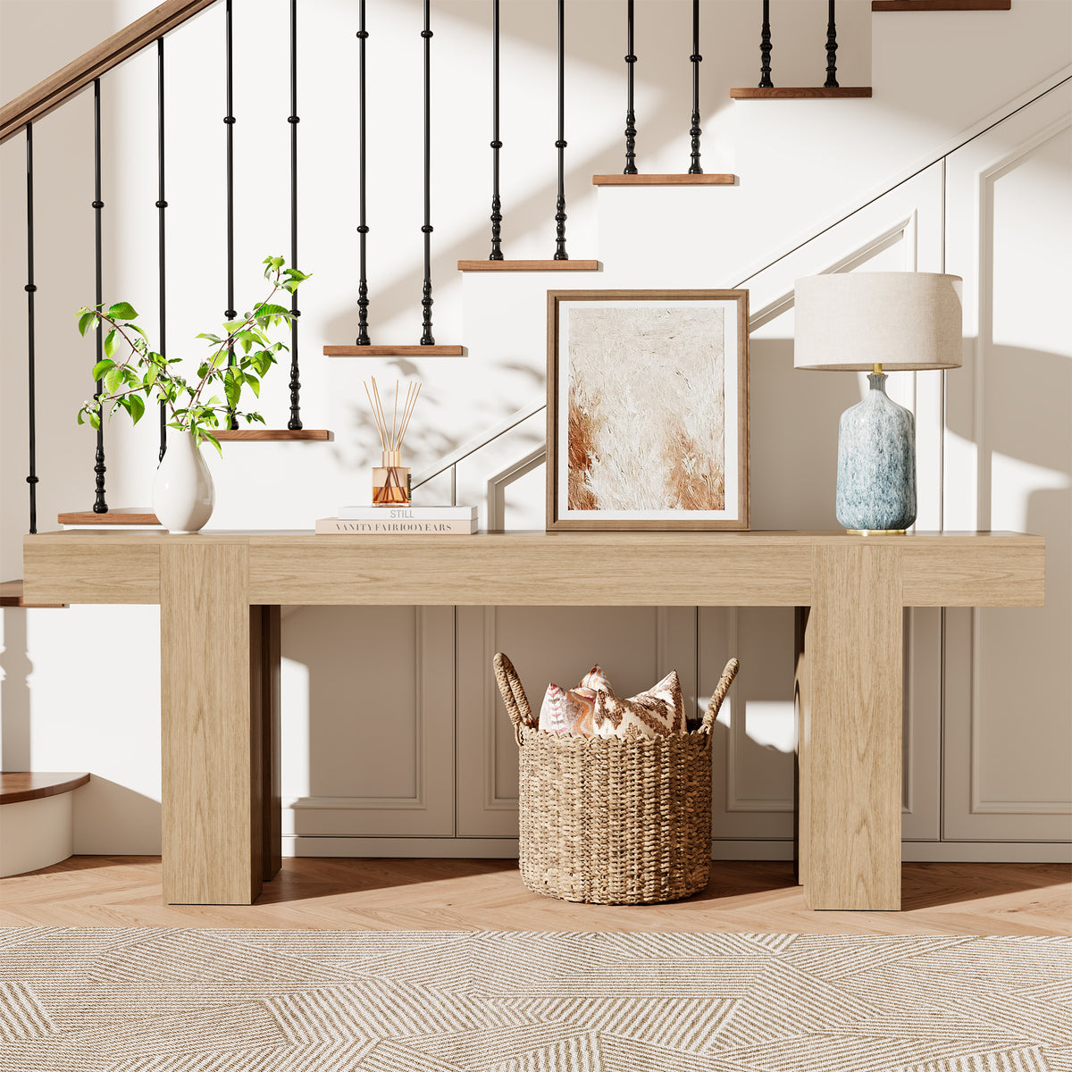 86.6 Inch Extra Console Table Light Oak | Wood Entryway Table | Farmhouse Style | Living Room, Entryway, Hallway