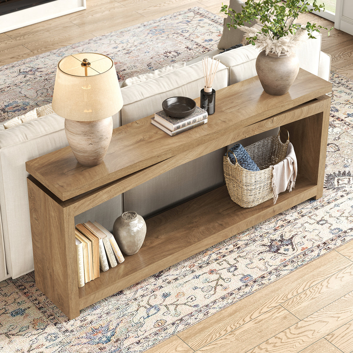 70 Inch Long Console Table for Entryway, Natural Oak Brown Farmhouse Console Table, Wood Sofa Table Behind Couch, 2 Tier Entrance Table with Storage Shelf for Hallway Living Room