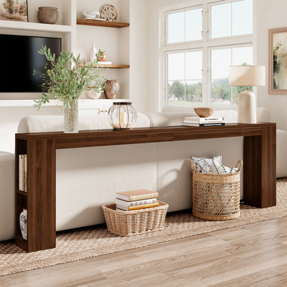 94.5" Narrow Console Table with USB Charging & Side Shelves, Walnut | Extra Long Thin Table for Behind Sofa Couch,Entryway, Hallway,94.5"W x 12"D x 31.5"H, Walnut Wood, USB Ports Charging