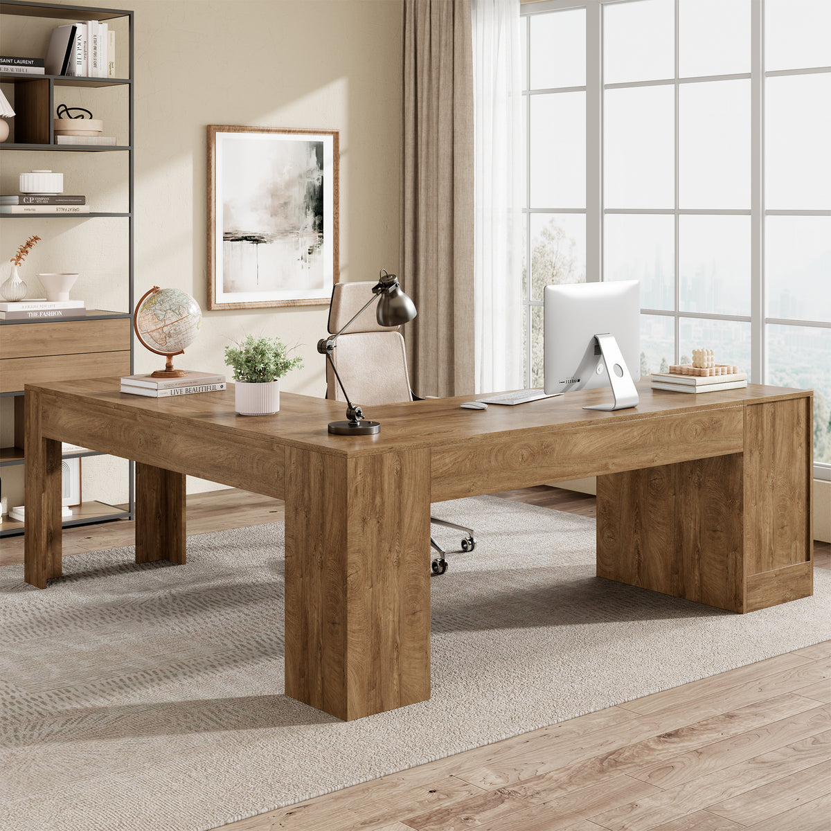83" Farmhouse L Shaped Office Desk with Cabinet & Drawer, Oak Brown Wood Executive Computer Desk with Spacious Storage, Large Corner Workstation Ideal for Home Office