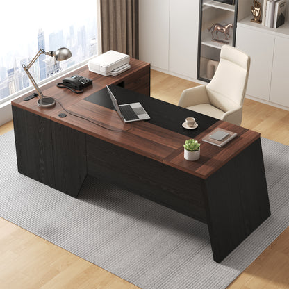 L-Shaped Executive Desk with Power Outlet, 78-Inch Large Office Desk with Storage Drawer and Lateral File Cabinet, Modern Computer Table with Open Shelf and PC Stand for Home Office Study, Brown Black