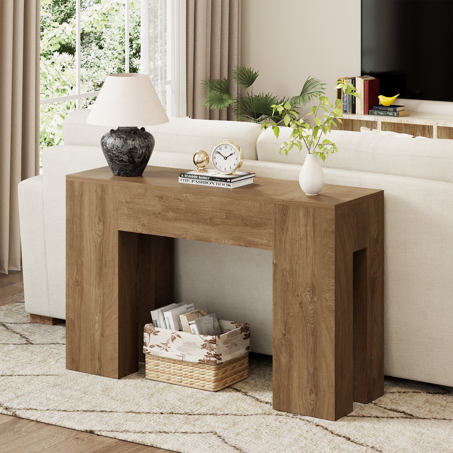 Epecoya 47-Inch Long Sofa Console Table for Entryway Living Room, Farmhouse Wood Behind Couch Table, Rectangular Accent Console with Wooden Double Base for Hallway Foyer Entrance, Natural Oak Brown