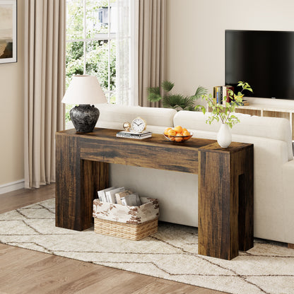 Epecoya Long Sofa Console Table for Entryway Living Room, 63-Inch Farmhouse Wood Behind Couch Table, Rectangular Accent Console with Wooden Double Base for Hallway Foyer Entrance, Rustic Brown