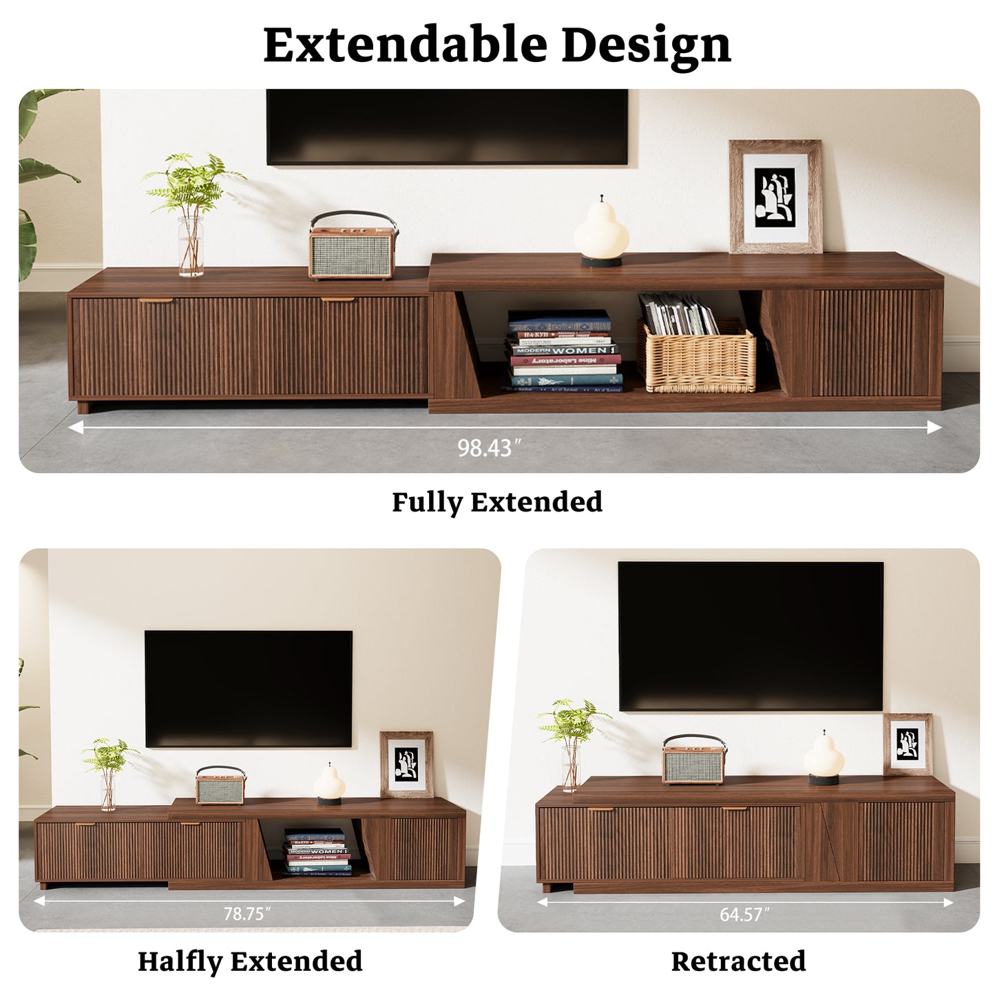 98-Inch TV Stand Extendable for Living Room, Extra Long TV Console with Storage Cabinets and Adjustable Shelf, Mid Century Modern TV Stand Flutted, Walnut Brown (64.57" W-98.43" W)