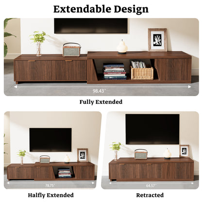 98-Inch TV Stand Extendable for Living Room, Extra Long TV Console with Storage Cabinets and Adjustable Shelf, Mid Century Modern TV Stand Flutted, Walnut Brown (64.57" W-98.43" W)