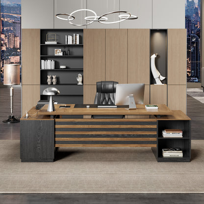Extra Large L-Shaped Executive Desk with Drawers, Oak Brown Black 78-Inch Modern Home Office Desks with Storage Cabinets, Wooden Computer Workstation Desk for Studio