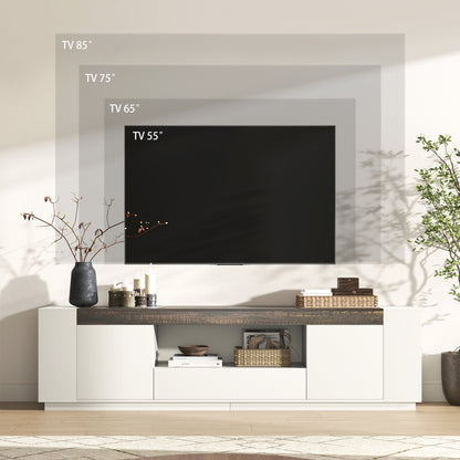 78.7-Inch Modern TV Console for Living Room, White & Brown Long TV Stand with Drawers and Open Shelf, White Entertainment Center with Brown Top for 85 Inch TV