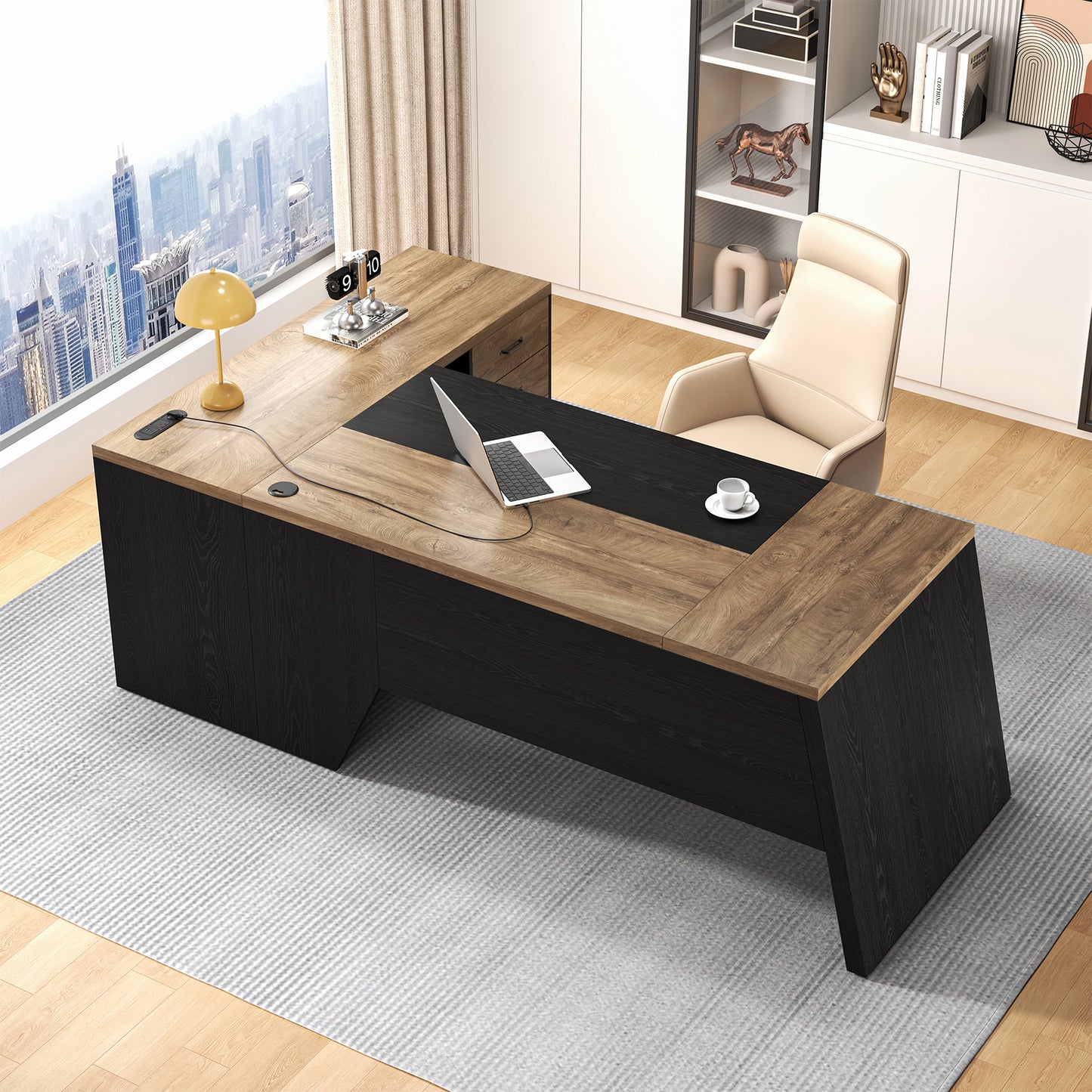 Epecoya L-Shaped Executive Desk with Drawer, Large Modern Home Office Desk with Cord Hold and Power Outlet, Big Wooden Business Furniture with Lateral File Cabinet for CEO Boss, Oak Black