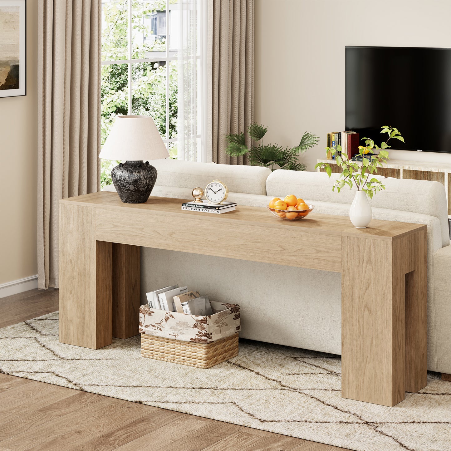 Epecoya Extra Long Sofa Console Table for Entryway Living Room, 79-Inch Farmhouse Wood Behind Couch Table, Rectangular Accent Console with Wooden Double Base for Hallway Foyer Entrance, Light Oak