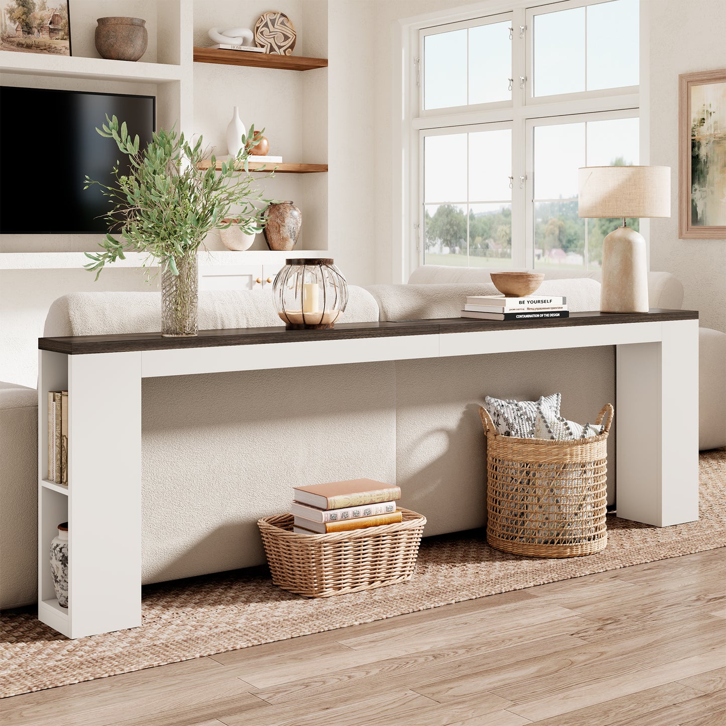 94.5" Narrow Console Table with USB Charging & Side Shelves, White | Extra Long Narrow Console, 94.5"L, Behind Sofa Table with Outlet & Storage Shelf, Skinny for Entryway Hallway