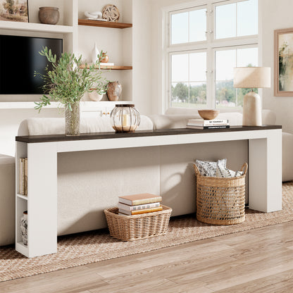 94.5" Narrow Console Table with USB Charging & Side Shelves, White | Extra Long Narrow Console, 94.5"L, Behind Sofa Table with Outlet & Storage Shelf, Skinny for Entryway Hallway