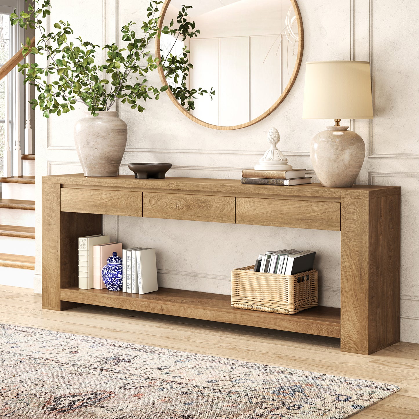 78 Inch Extra Long Console Table with Storage Drawer and Open Shelf | 3 Storage Drawers | Open Shelf | Natural Oak Brown | Farmhouse Entryway Table | Behind Sofa | Entrance, Hallway, Living Room