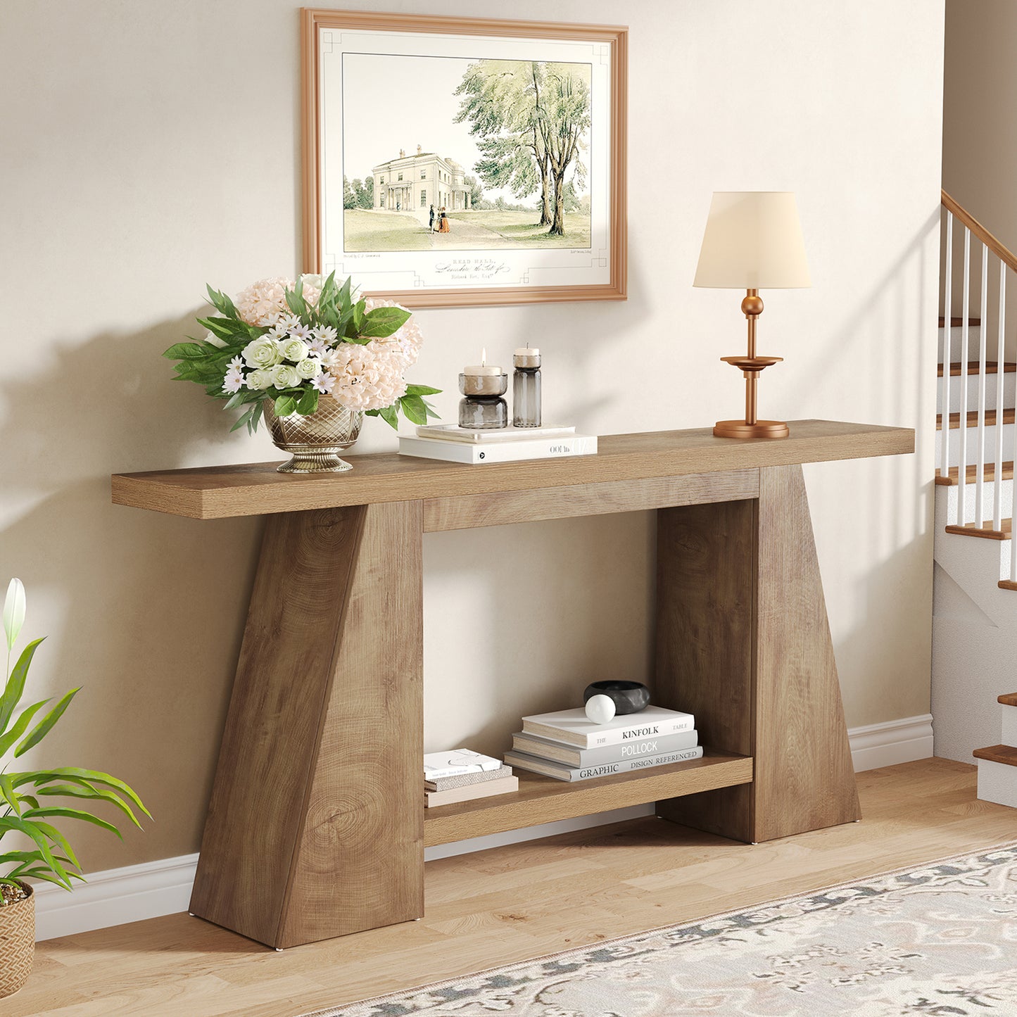 63-Inch Wood Console Table with Shelf for Living Room Entryway, 2-Tier Wooden Sofa Tables with Long Open Storage Shelf for Hallway Behind Couch, Oak Brown