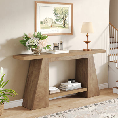 63-Inch Wood Console Table with Shelf for Living Room Entryway, 2-Tier Wooden Sofa Tables with Long Open Storage Shelf for Hallway Behind Couch, Oak Brown