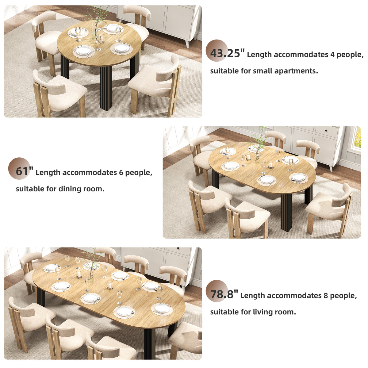 43-Inch Extendable Round Dining Table for 6-8 People, Light Oak Wooden Kitchen Table with Leaf 43"-78", Expandable Oval Dining Table with Black Legs for Dining Room, Apartment